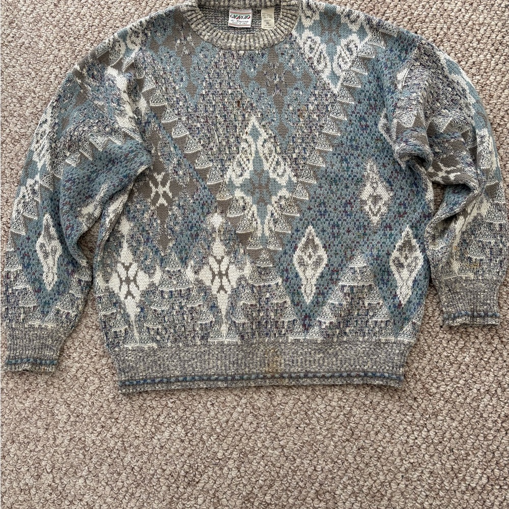 COOGI Gray and Blue Crewneck Sweater with Geometric Patterns
